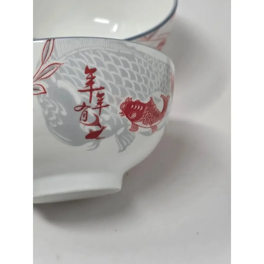 SF Marked glazed Porcelain Bowls with Red Floral&Fish Motif Japanese Set of 3
